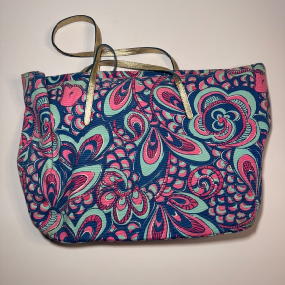 Lilly Pulitzer Canvas Tote Bag – Pink/Blue Swirl Print Resort Preppy - Picture 2 of 5